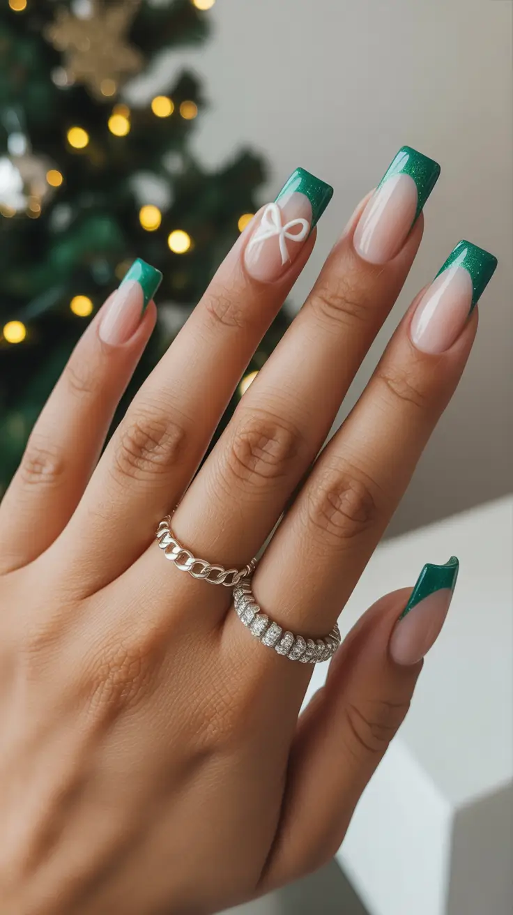 Winter Nail Designs 2025 Emerald Ribbon French Tips