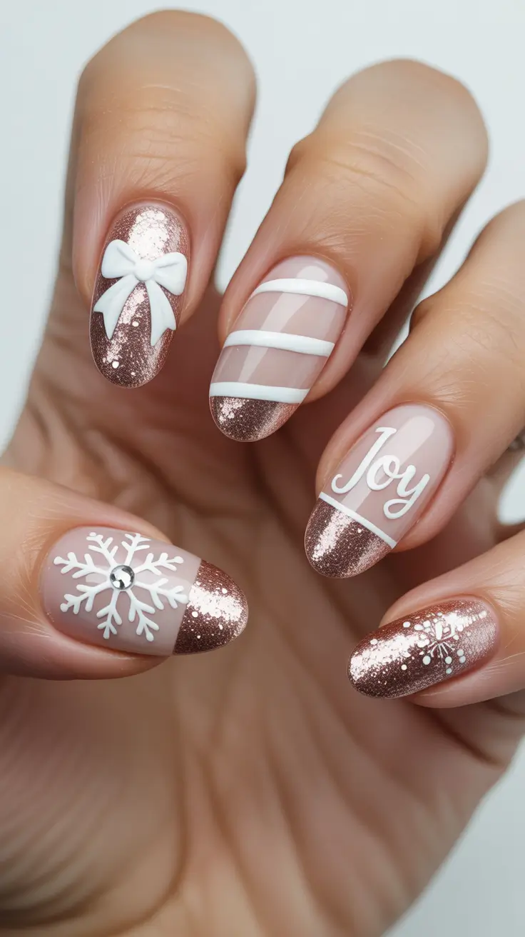 Winter Nail Designs 2025 Rose Gold Christmas Joy