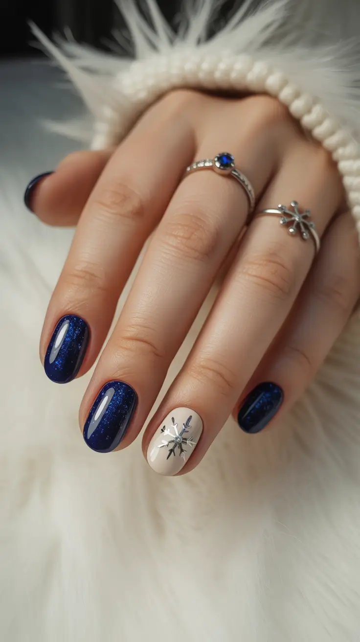 Winter Nail Designs 2025 Midnight Blue with Silver Snowflake Accent