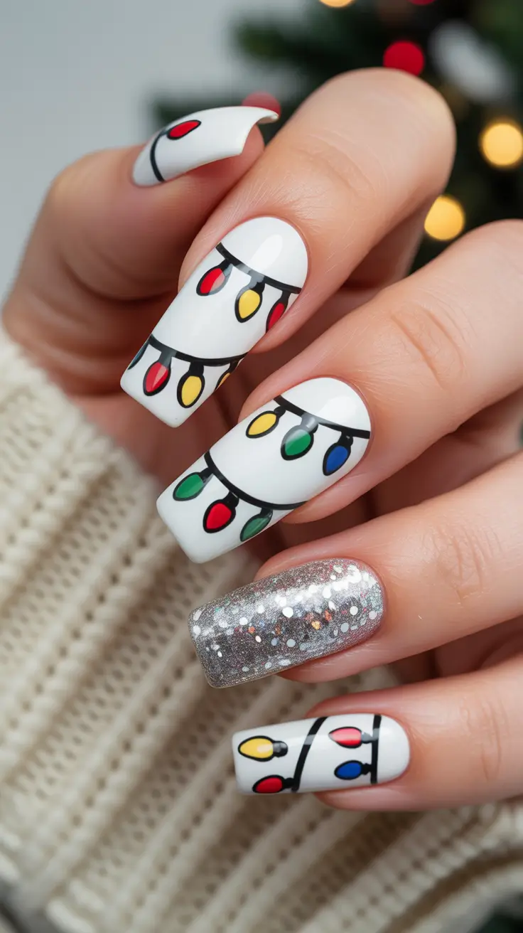 Winter Nail Designs 2025 Festive String Lights on White