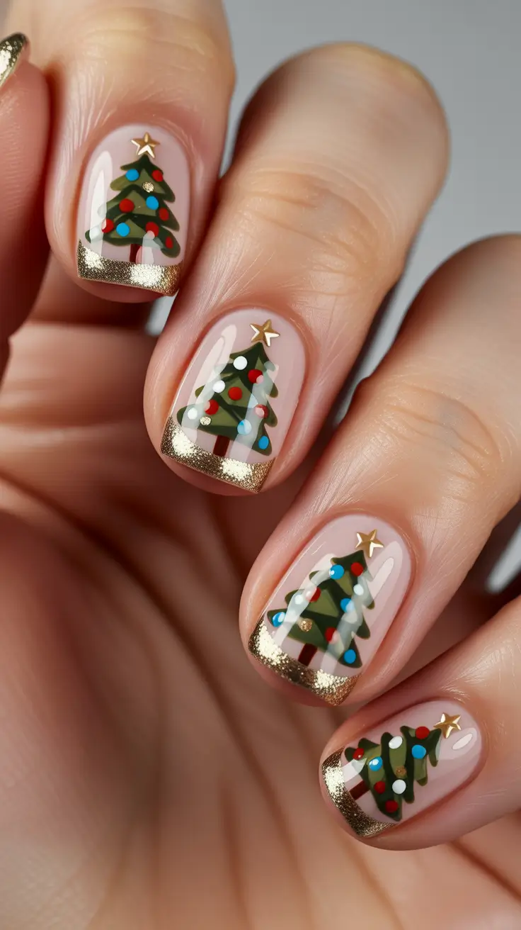Winter Nail Designs 2025 Golden Christmas Trees