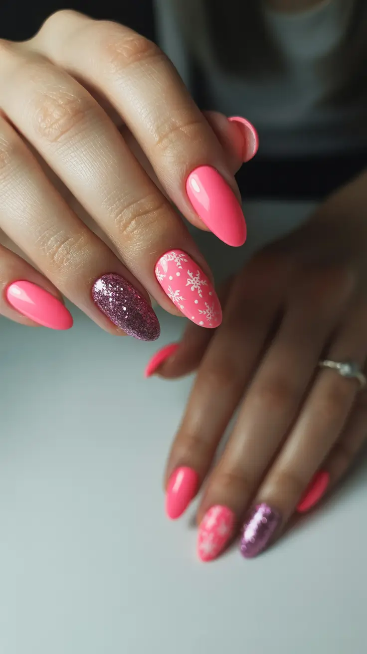 almond nails designs pink winter fuchsia snowburst 2026