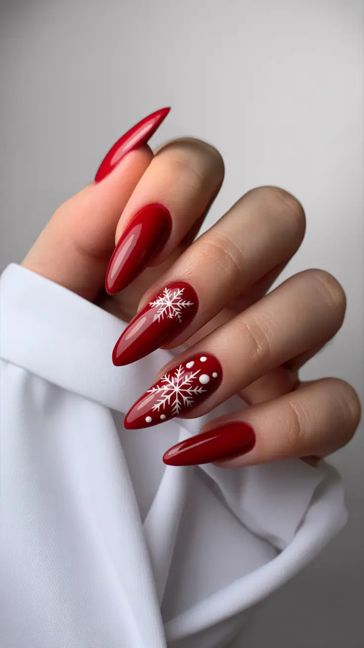 long almond shaped nails designs winter red crimson snow drama 2025