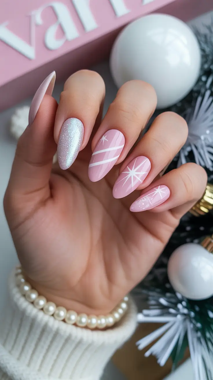 almond nails designs winter french tip 2025 pink stardust lines