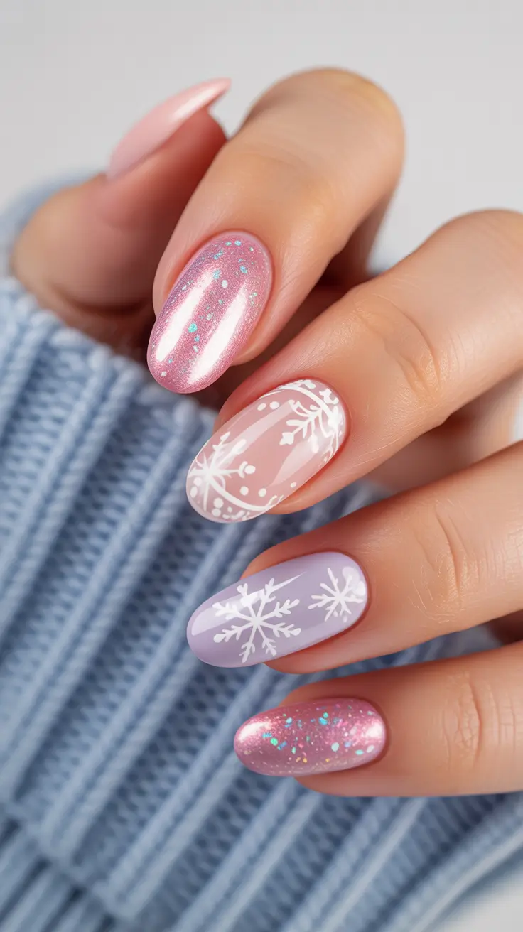 short almond nails designs winter blue pink frozen petal glow 2026