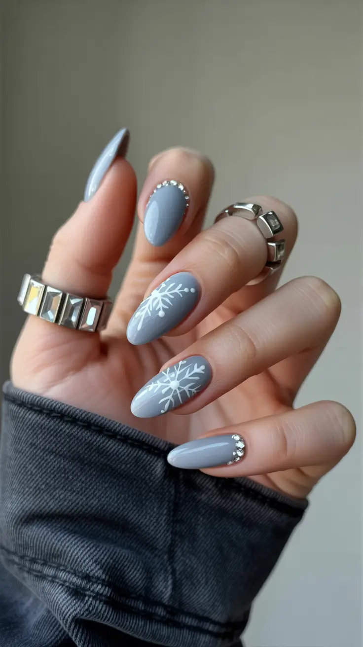 short almond shaped nails designs winter steel snow serenity 2026