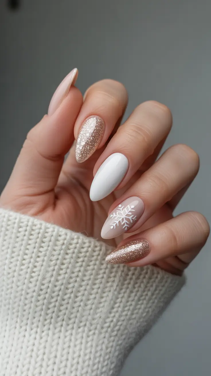 medium almond nails winter design champagne flake glam 2026