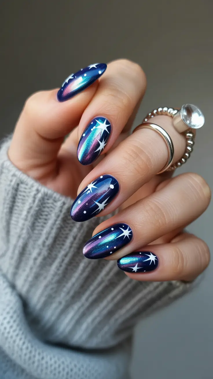 winter nails almond designs 2025 galactic aurora
