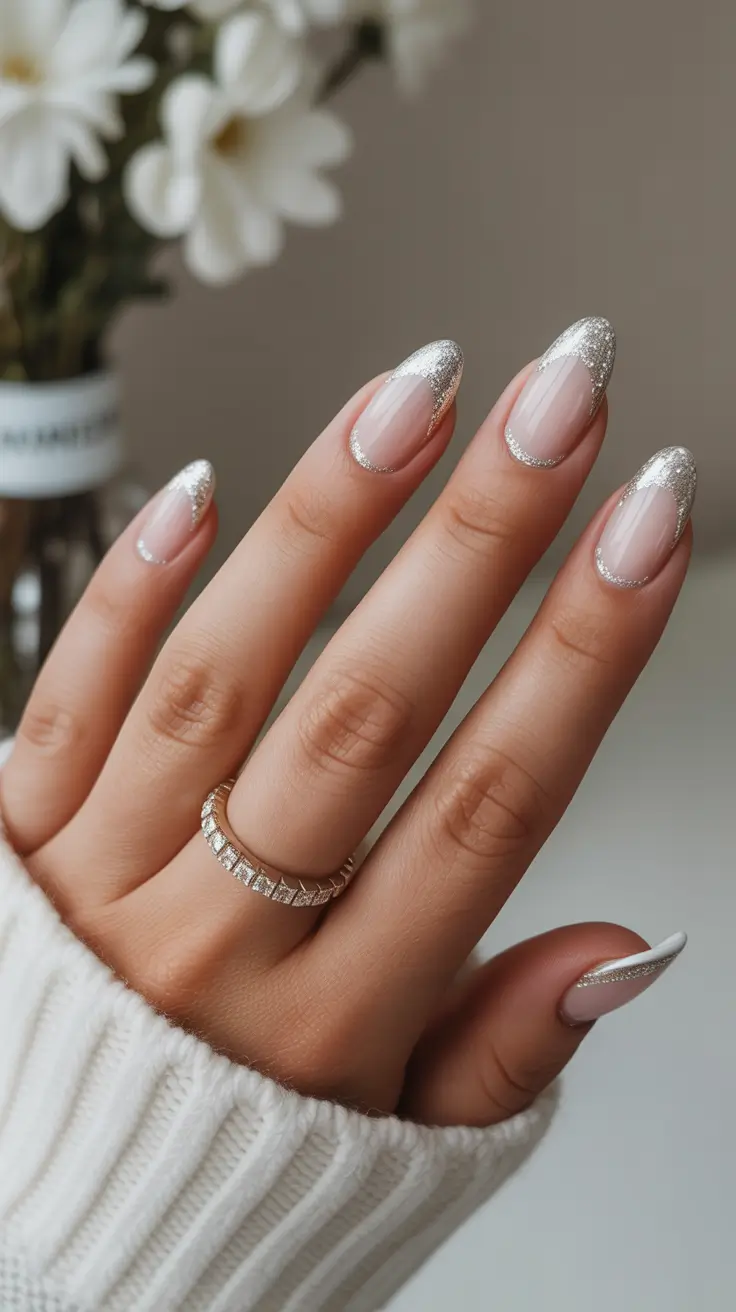 almond nails designs winter french tip 2025 champagne frost