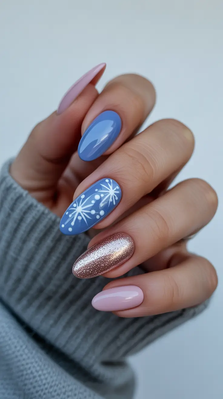 short almond nails designs winter blue nordic spark 2025