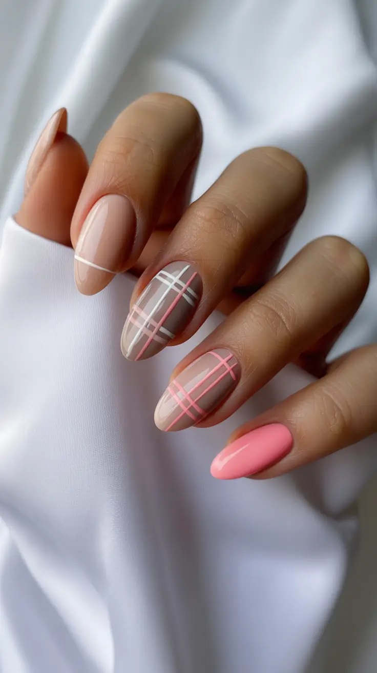 short almond shaped nails designs winter plaid mood 2026