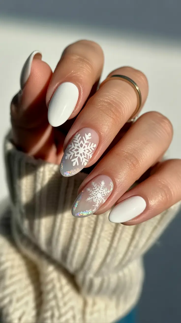 nails almond winter design white 2025 frosted elegance