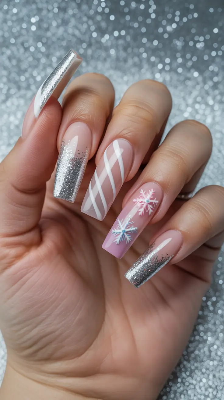 winter nails coffin design Silver Lights