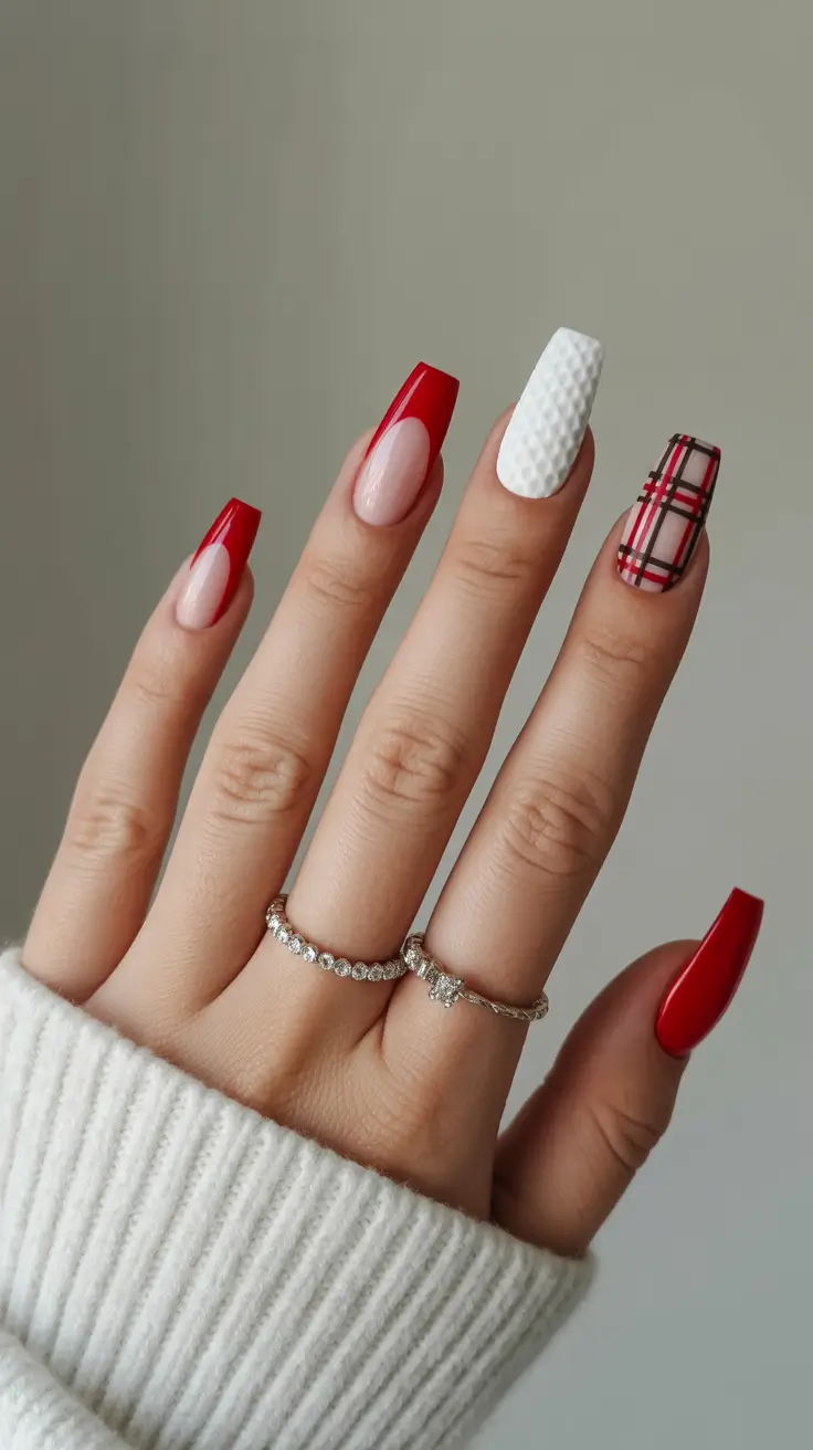 winter nails coffin design Cozy Crimson Charm