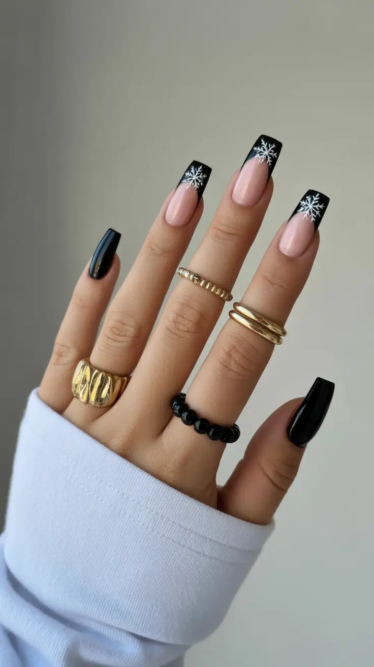 winter nails coffin design Midnight Snow