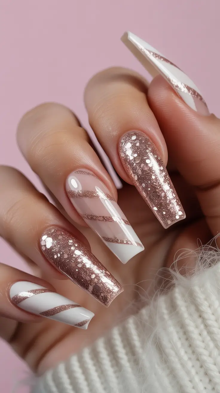 winter nails coffin design Rose Gold Sparkle