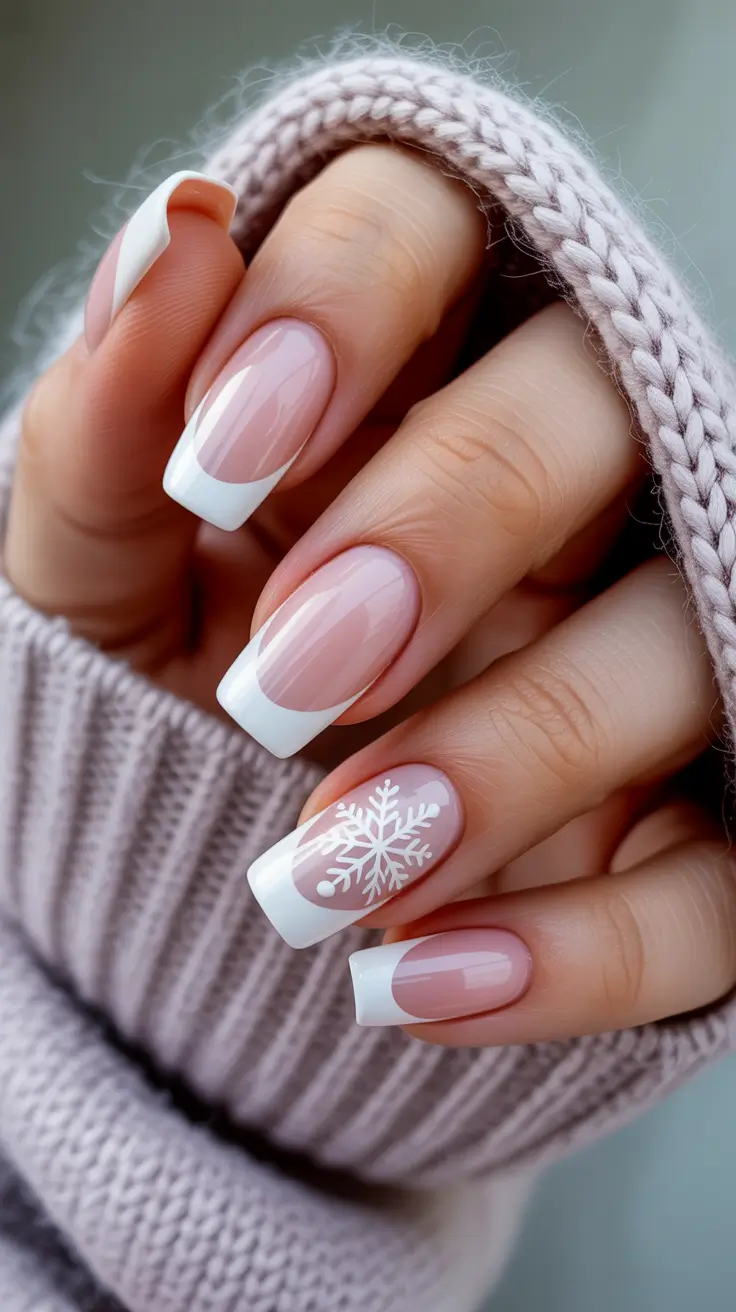 easy winter nails designs Soft French With a Snowflake Accent