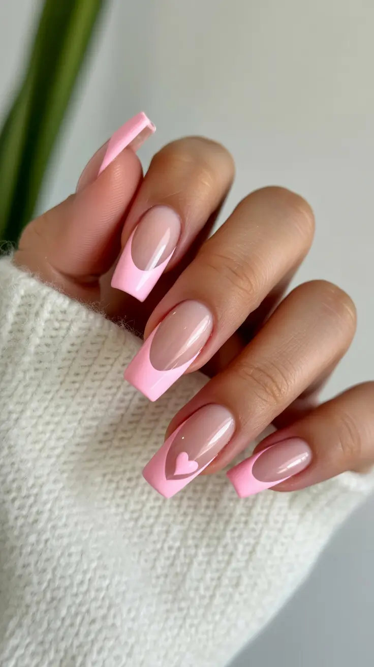 cute easy winter nail designs for short nails Soft Pink French With a Heart Twist