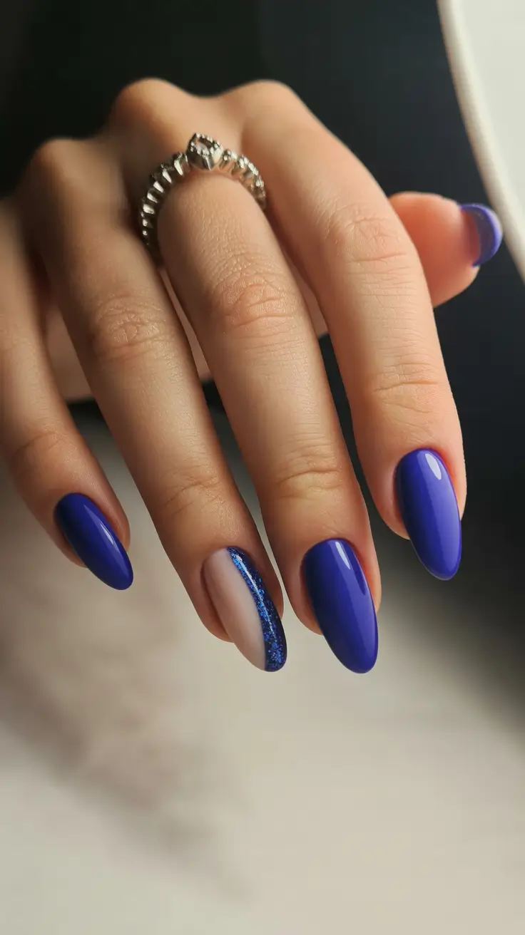 almond nails designs easy winter Royal Blue Contrast
