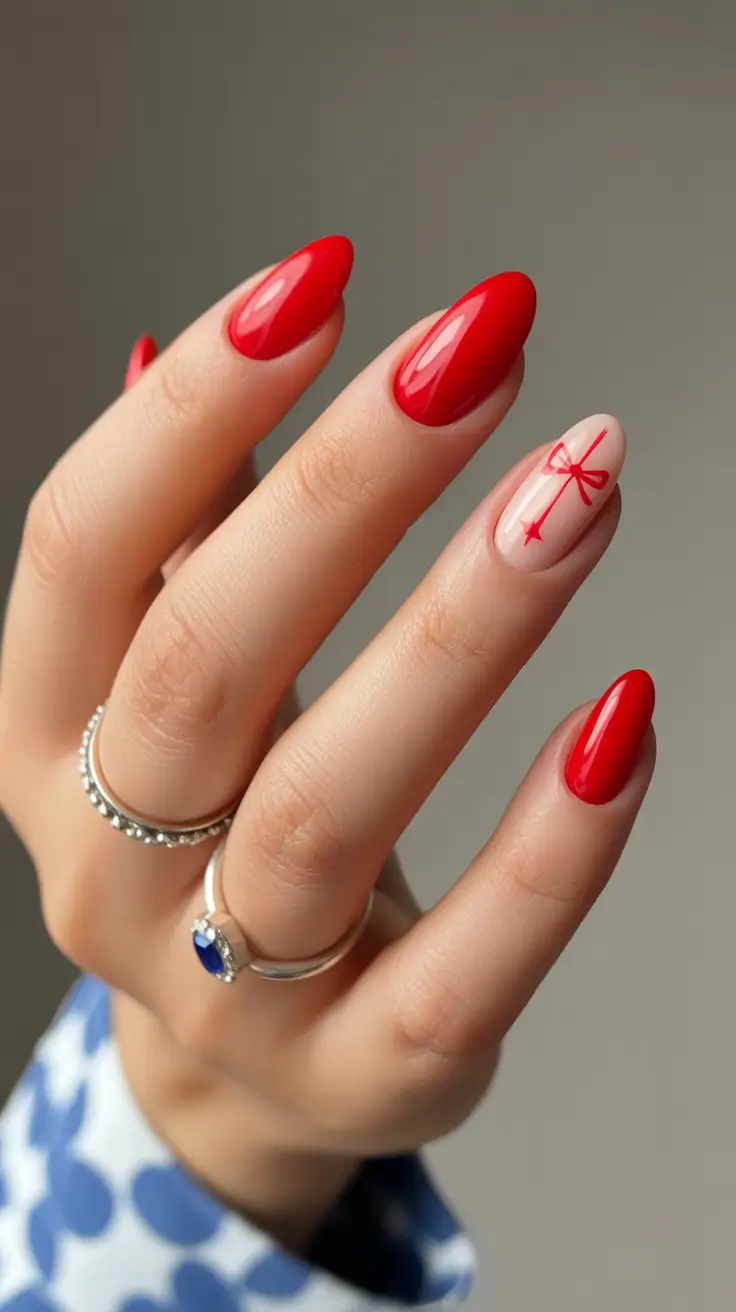 easy nail designs for short nails winter Classic Red Gift Bow