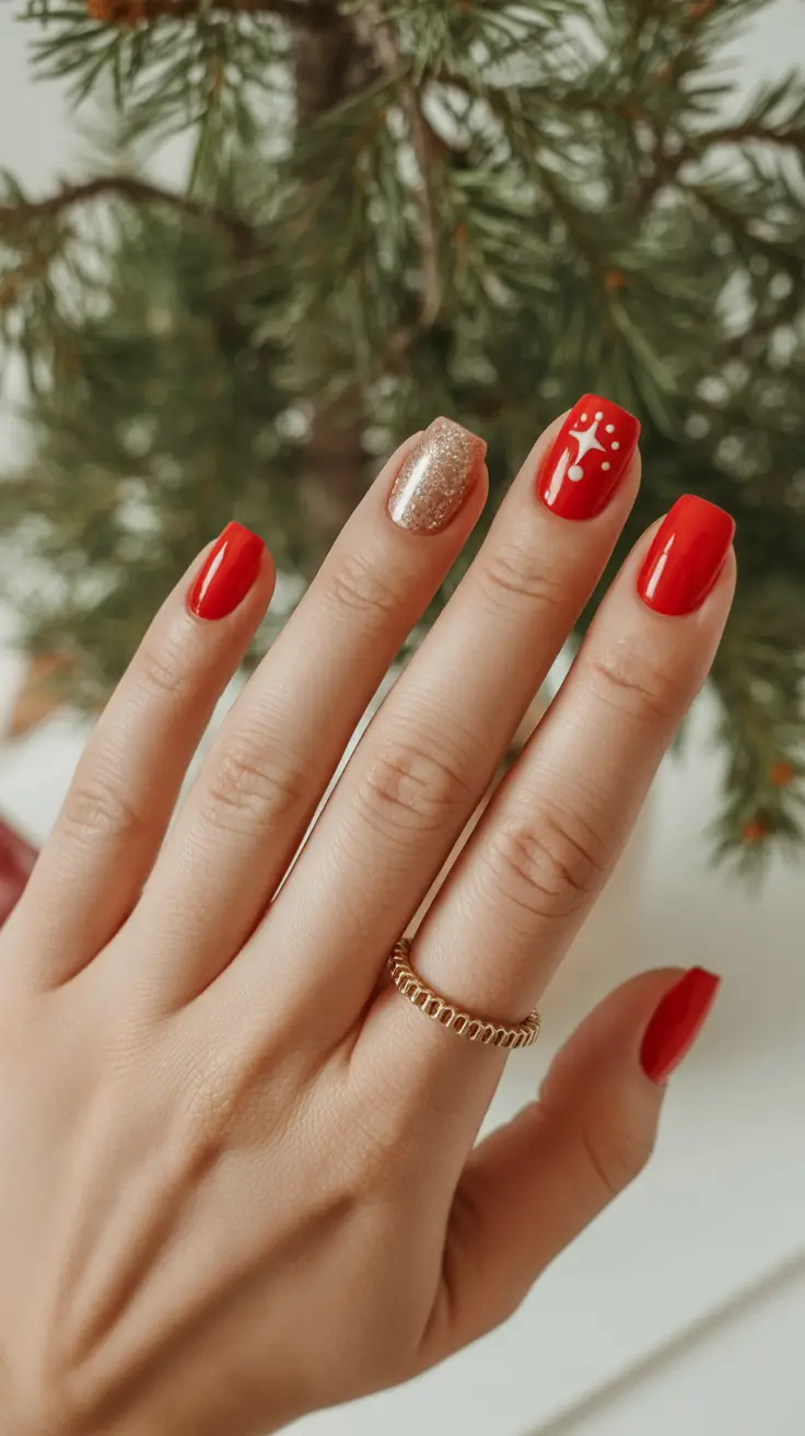 easy nail designs for short nails winter simple Golden Holiday Red