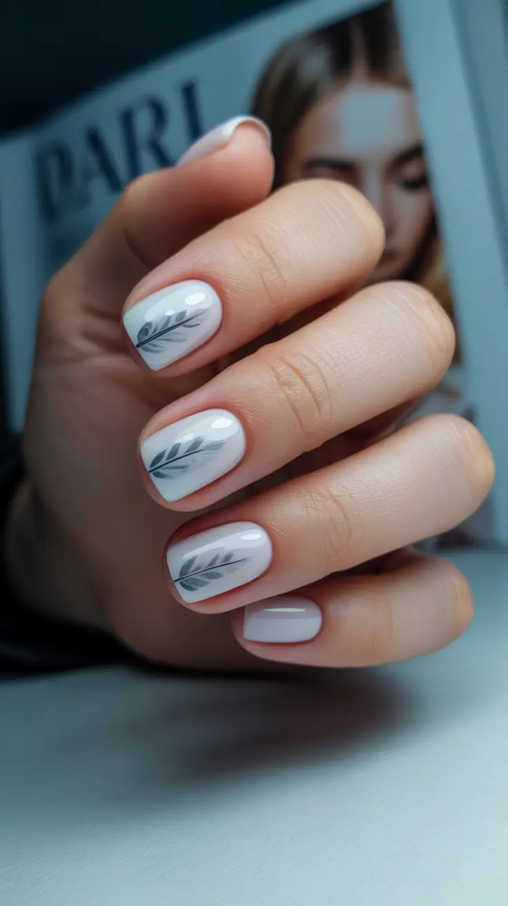winter short gel nails color and design 2025 2026 Frost Leaf Minimalism
