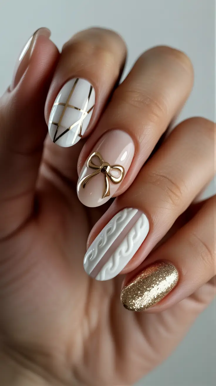 winter sweater nails 2025-2026 Golden Ribbon Elegance