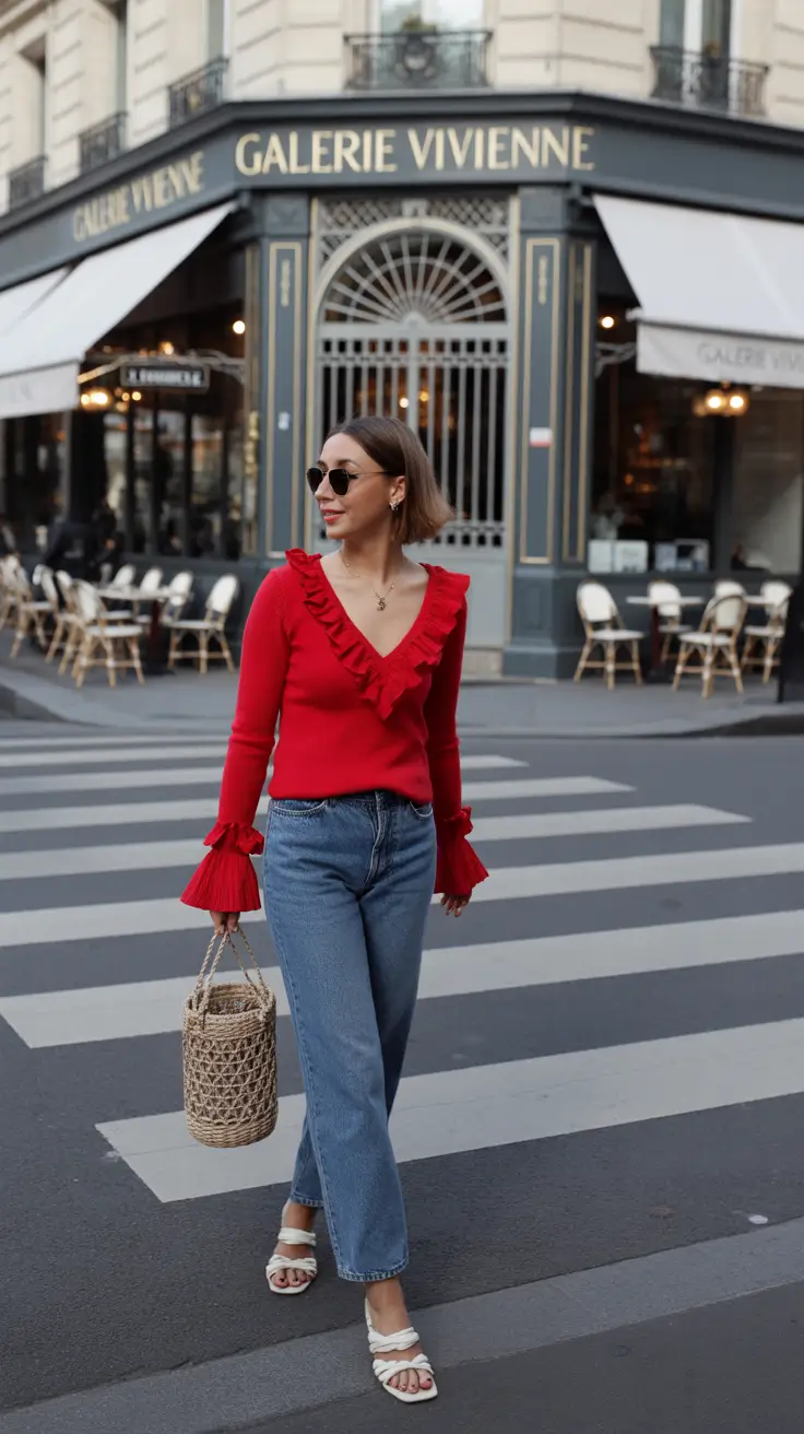 Best everyday outfits 2026 Parisian Red and Denim Romance
