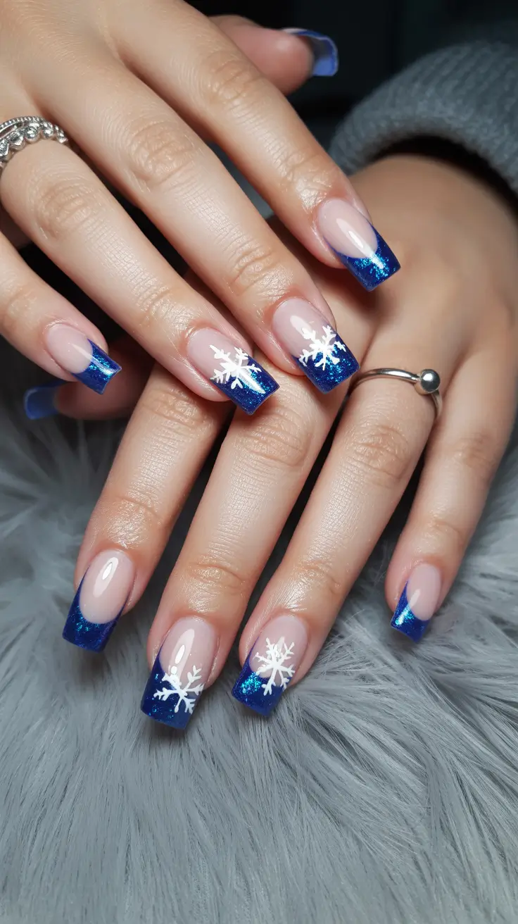 christmas nail art designs Blue Snowflake French Tips