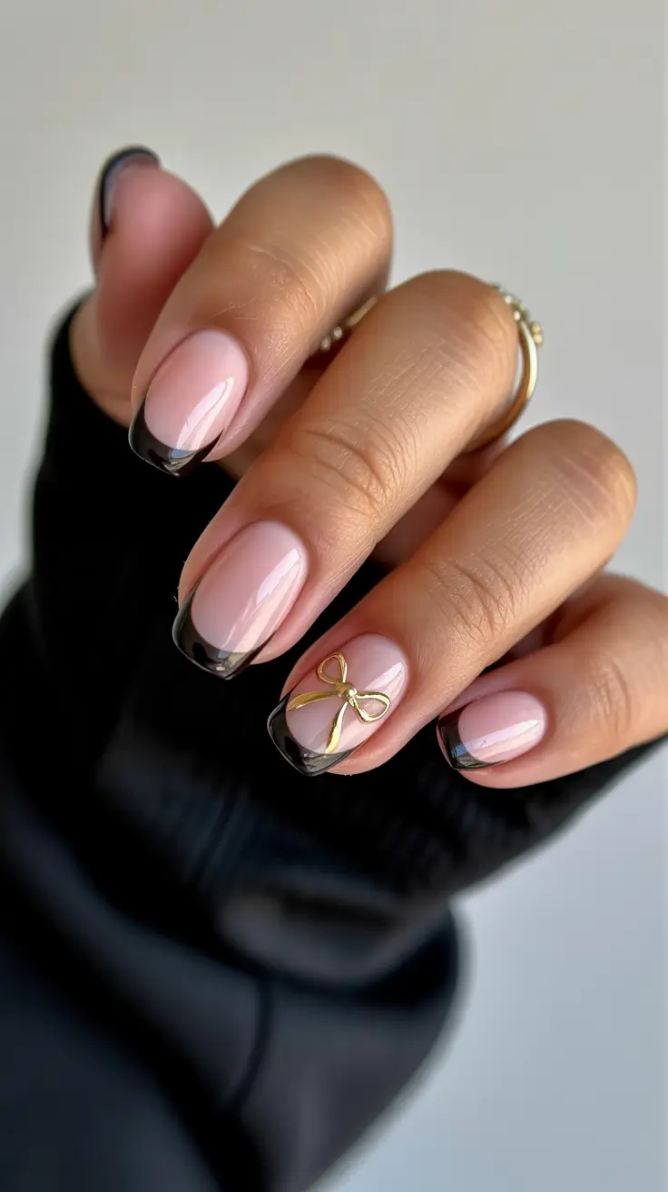 christmas nail art designs Black-Tipped Elegance with Gold Bow