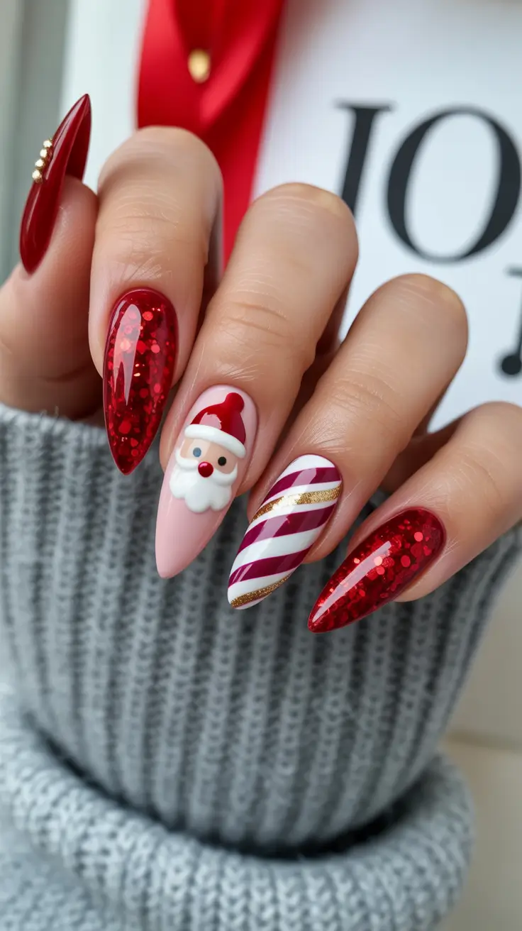 christmas nail art designs Santa & Candy Cane Glam