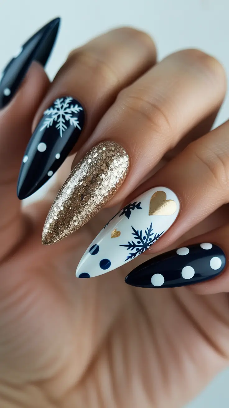 christmas nail art designs Midnight Gold Snowflake Mix