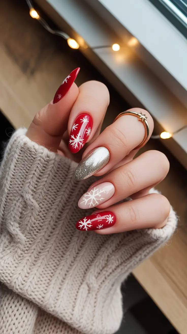 christmas nail art designs Red & Silver Snowflake Joy