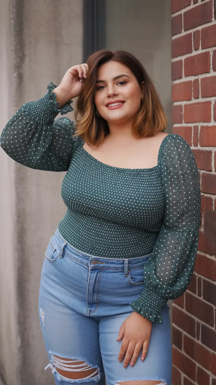 plus size outfits 2026 Green Dots & Denim Vibes