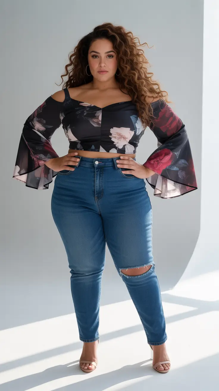 plus size outfits 2026 Midnight Florals & Denim Power