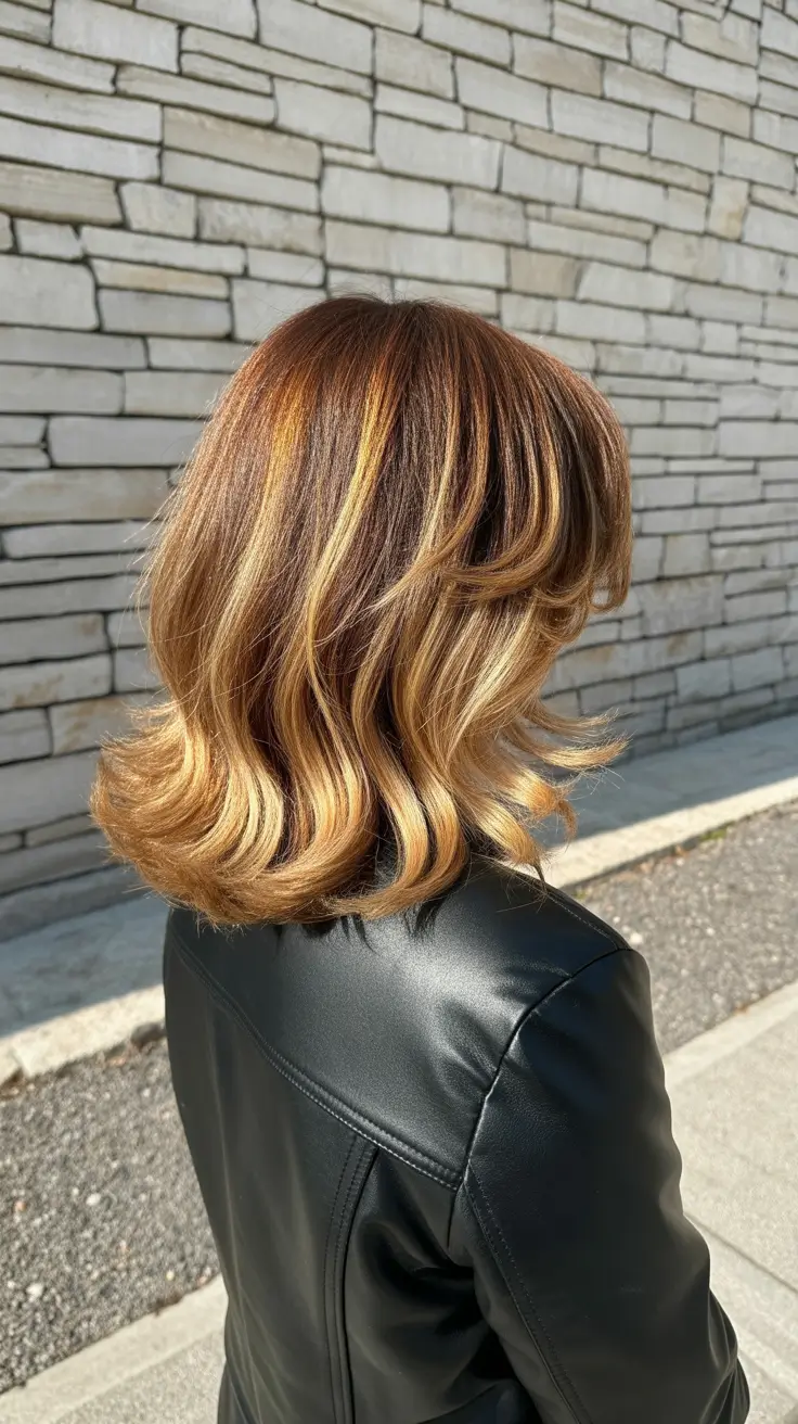 calico hair color 2026 Golden Caramel Waves with Dimension