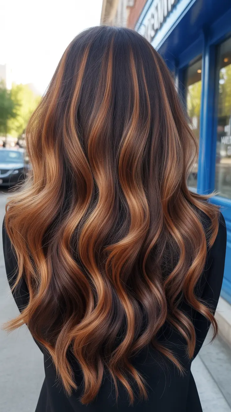 calico hair color 2026 Chestnut Waves with Caramel Veins