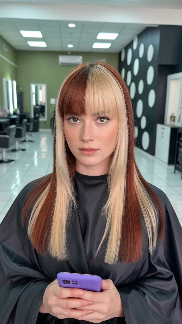 calico hair color 2026 High-Contrast Split with Precision Bangs