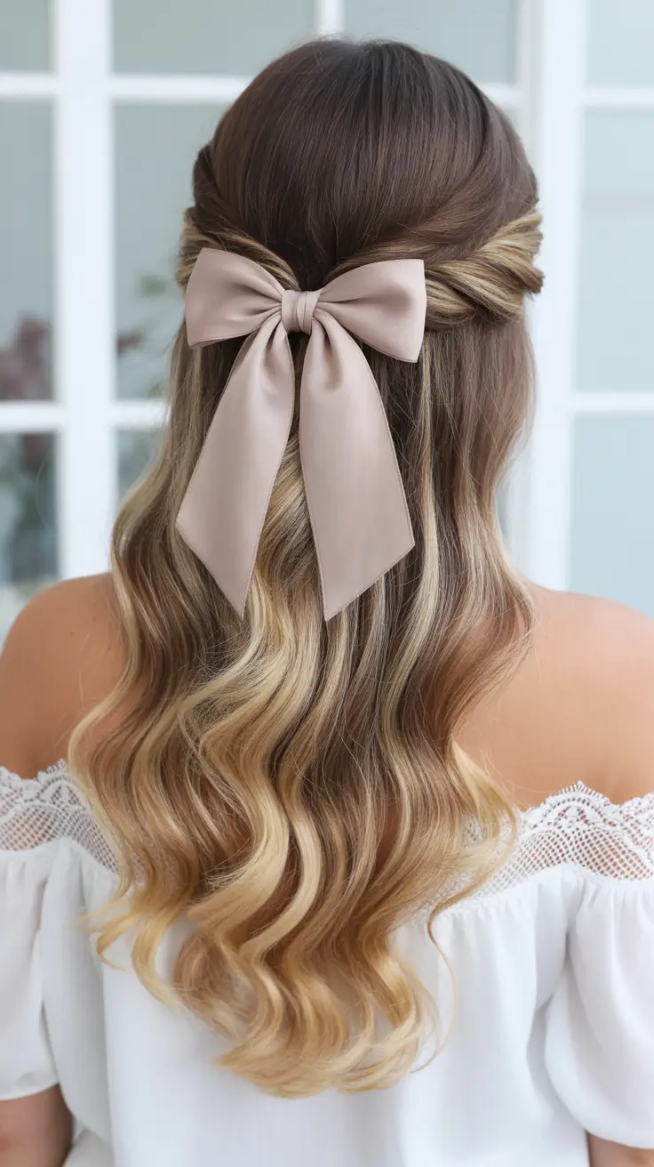 Christmas Holiday Hairstyles for Party 2025 Twisted Caramel Ribbon Half-Up