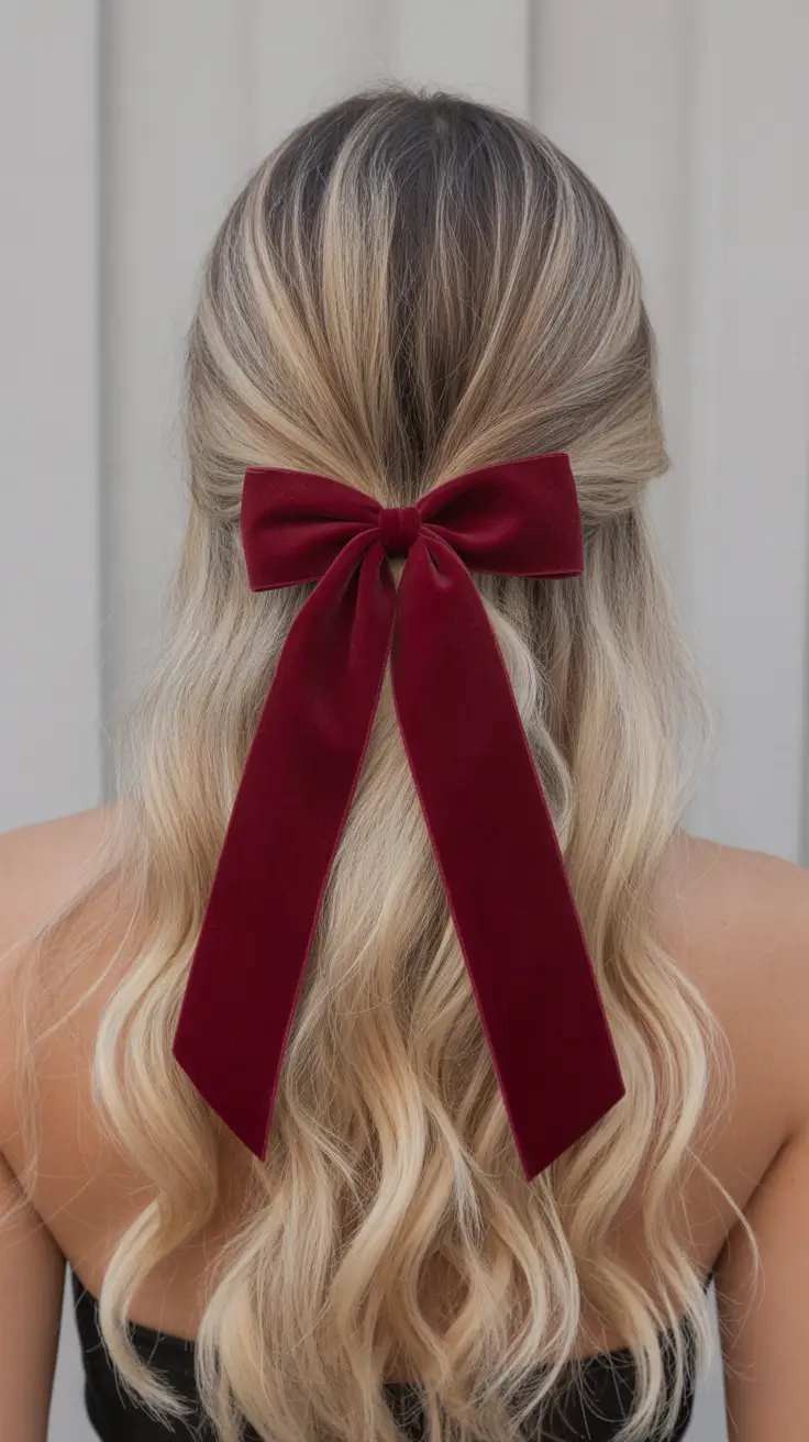 Christmas Holiday Hairstyles for Party 2025 Velvet Bow Half-Up
