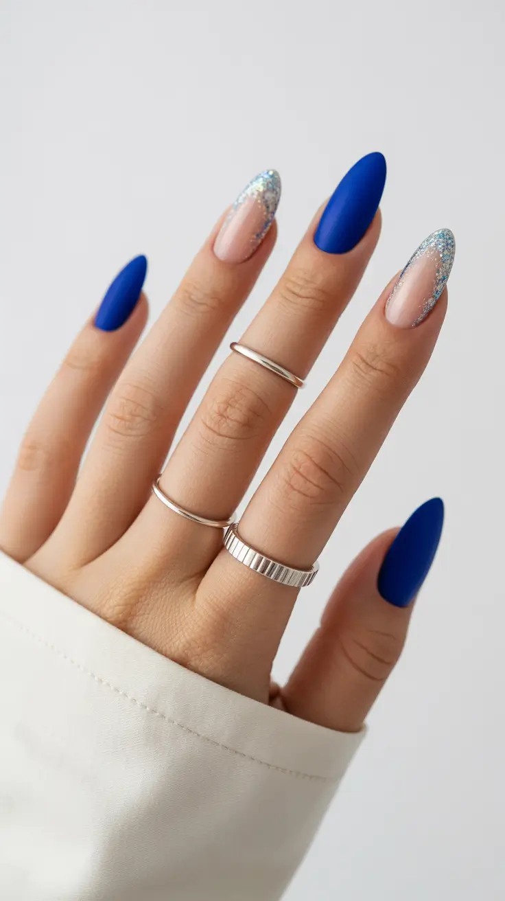 Christmas nails ideas 2025 2026 Royal Blue & Silver Sparkle Magic