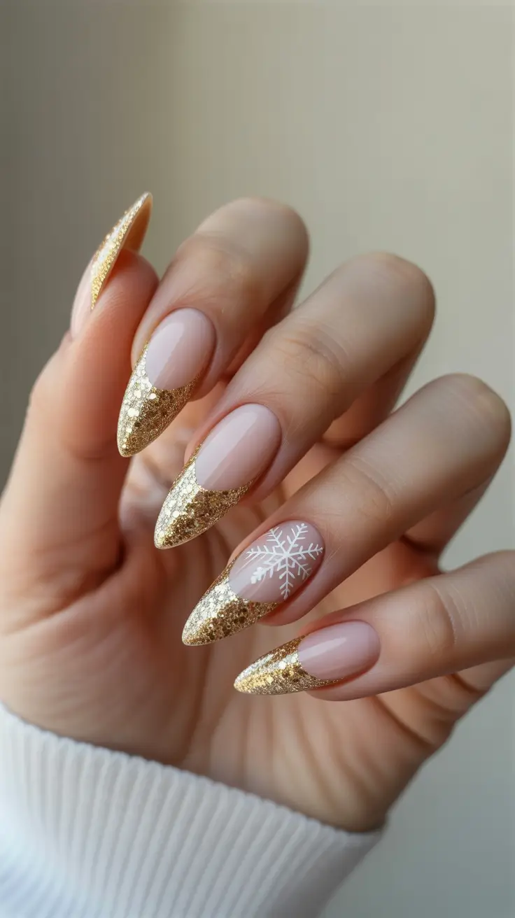 Christmas nails ideas 2025 2026 Golden Glow Snowflake