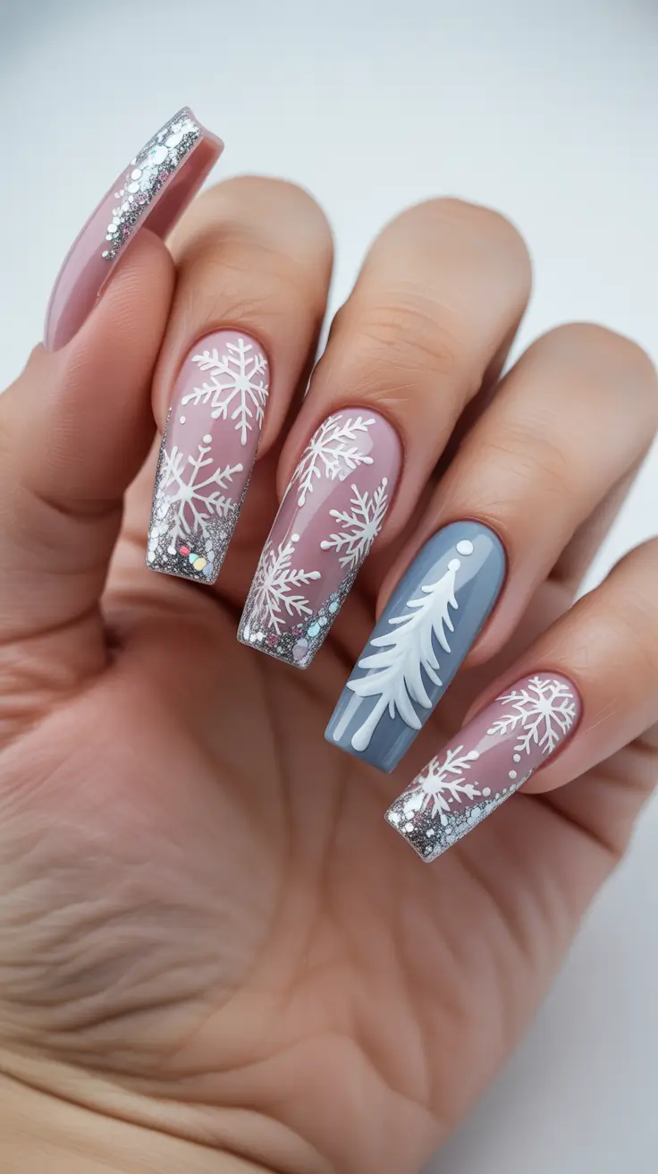 Christmas nails ideas 2025 2026 Frosted Lavender Snowflakes