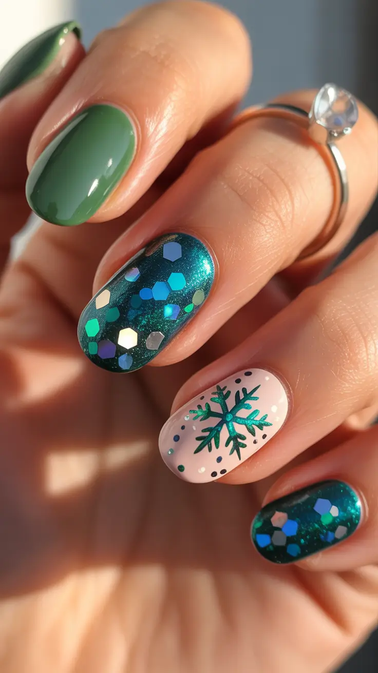 Christmas nails ideas 2025 2026 Emerald Snowflake Glow