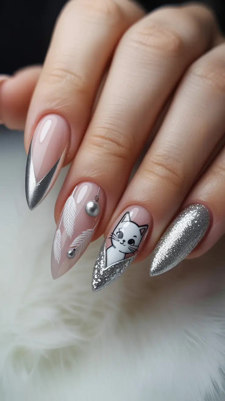 Christmas nails ideas 2025 2026 Silver Cat Sparkle