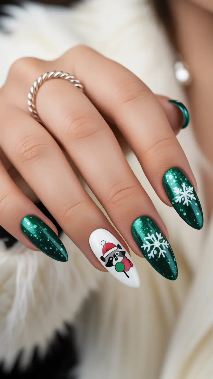Christmas nails ideas 2025 2026 Emerald Sparkle with Cute Snowflakes