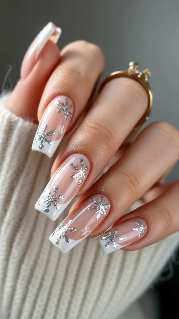 Cute Simple Nail Ideas for Christmas 2025 Frosted French Snowflakes
