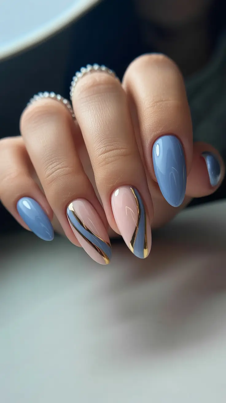 Cute Simple Nail Ideas for Christmas 2025 Chic Blue and Gold Waves