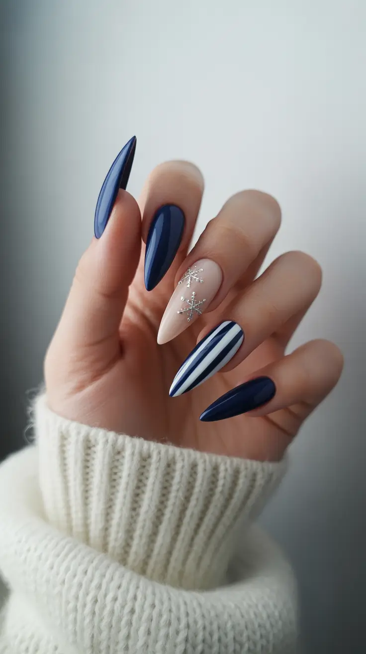 Cute Simple Nail Ideas for Christmas 2025 Midnight Blue Snowfall