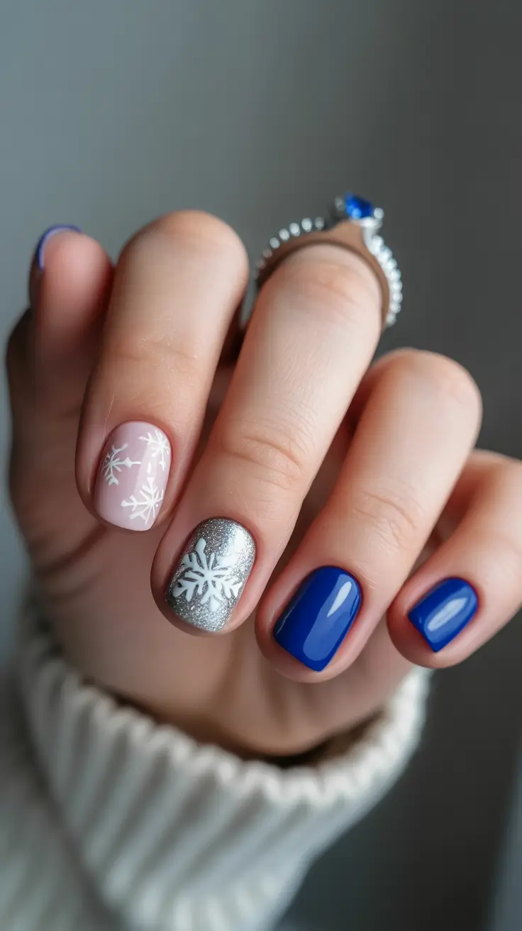 Cute Simple Nail Ideas for Christmas 2025 Frosted Silver & Blue Mix